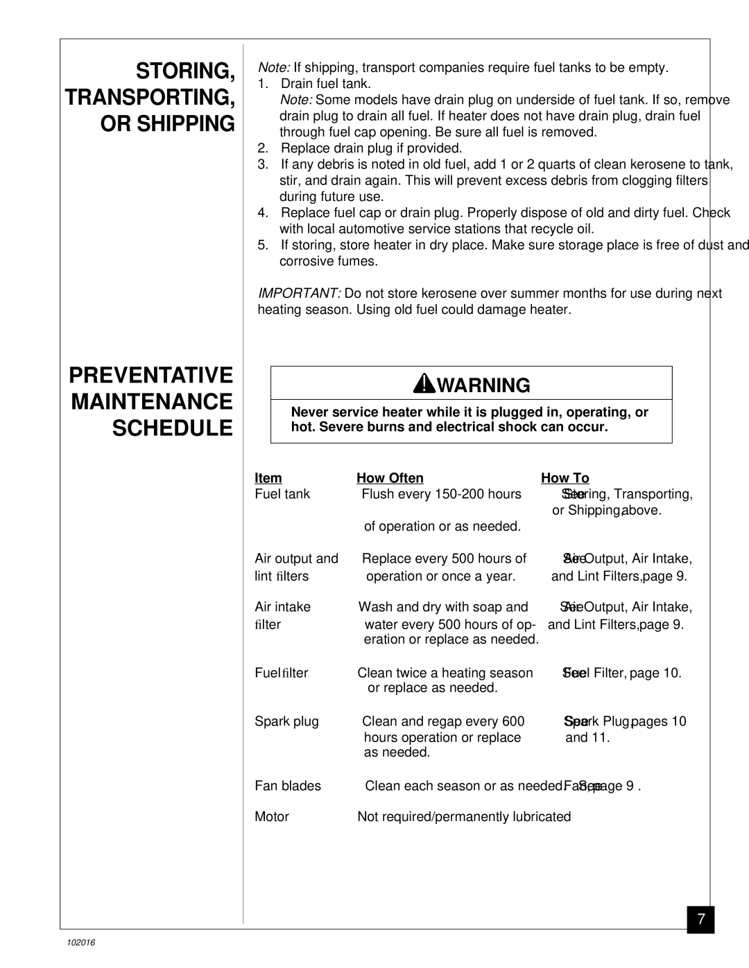 Desa B50G, REM50B owner manual Storing, Preventative Maintenance Schedule 