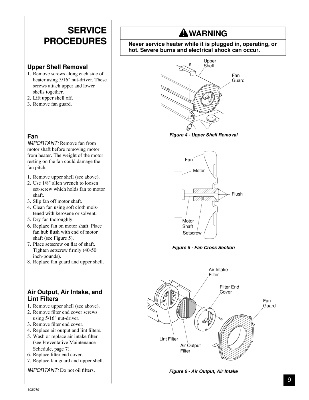 Desa B50G, REM50B owner manual Service Procedures, Upper Shell Removal, Fan, Air Output, Air Intake, and Lint Filters 