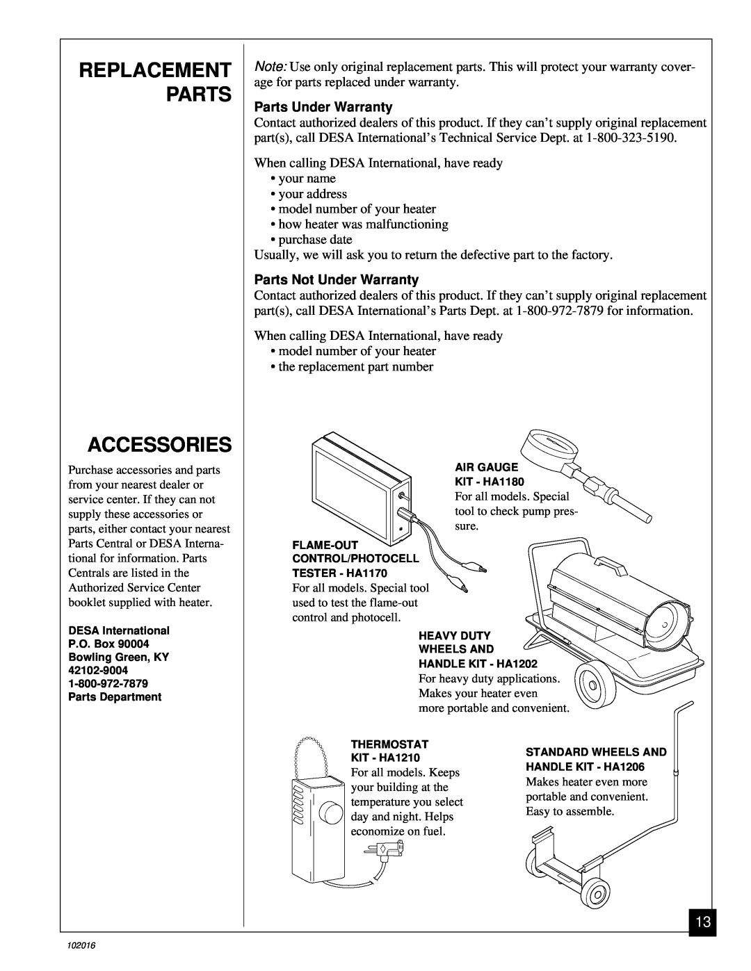 Desa B50G, REM50B owner manual Accessories, Replacement Parts, Parts Under Warranty, Parts Not Under Warranty 