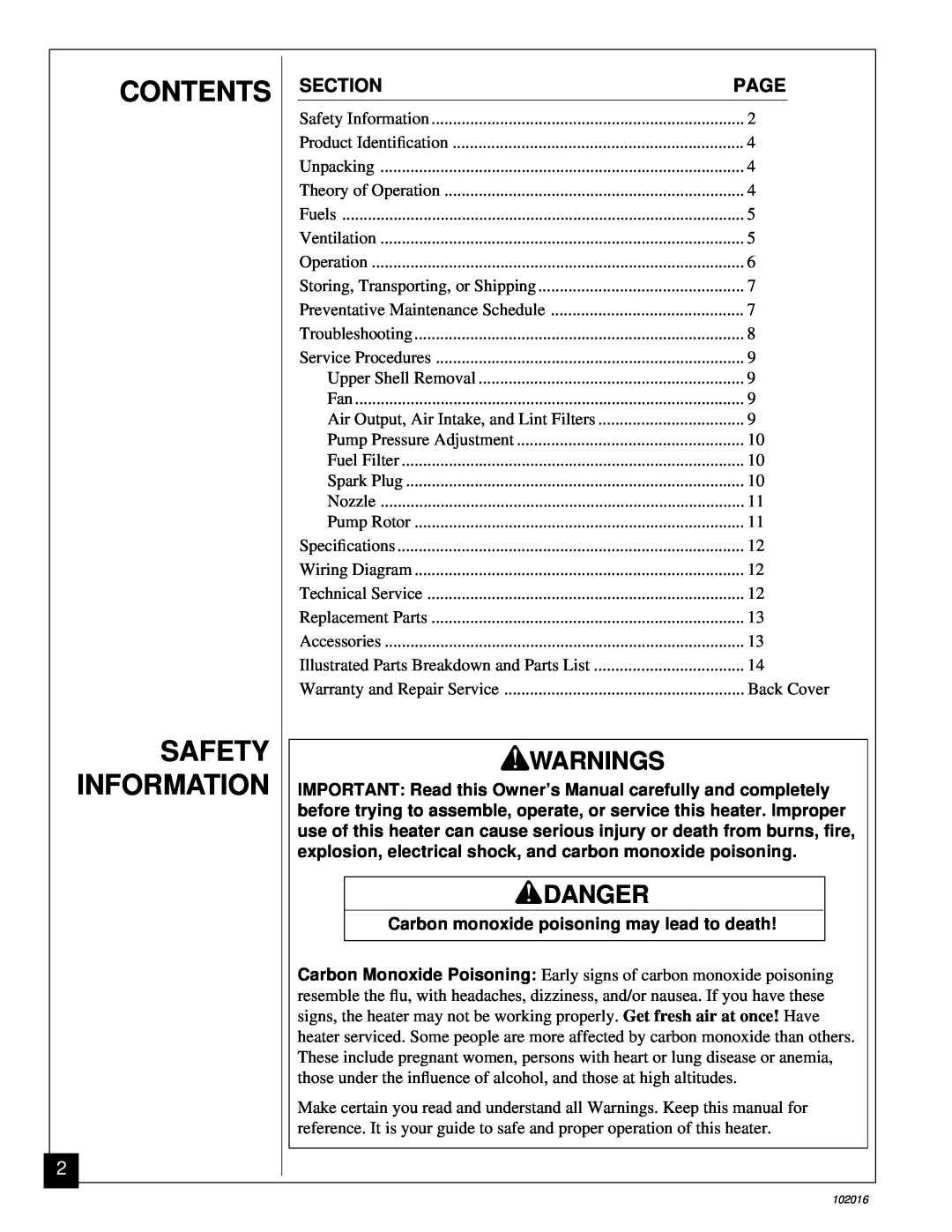 Desa REM50B Contents, Safety Information, Warnings, Danger, Section, Page, Carbon monoxide poisoning may lead to death 