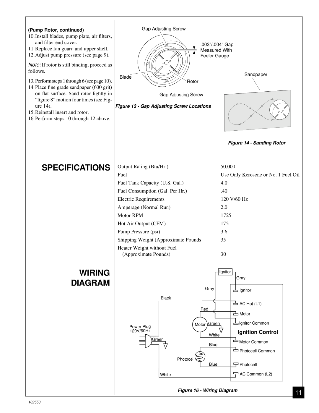 Desa B50H, REM50C owner manual Specifications Wiring Diagram, Gap Adjusting Screw Locations 