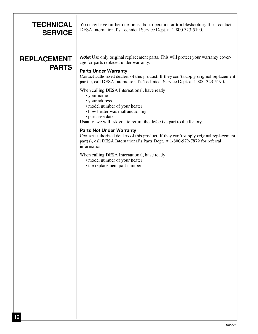 Desa REM50C, B50H owner manual Technical Service, Replacement Parts 