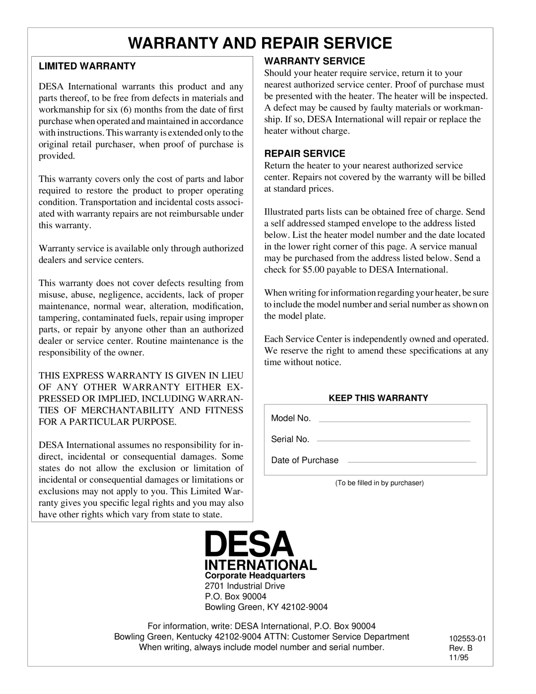 Desa REM50C, B50H owner manual Warranty and Repair Service, International 