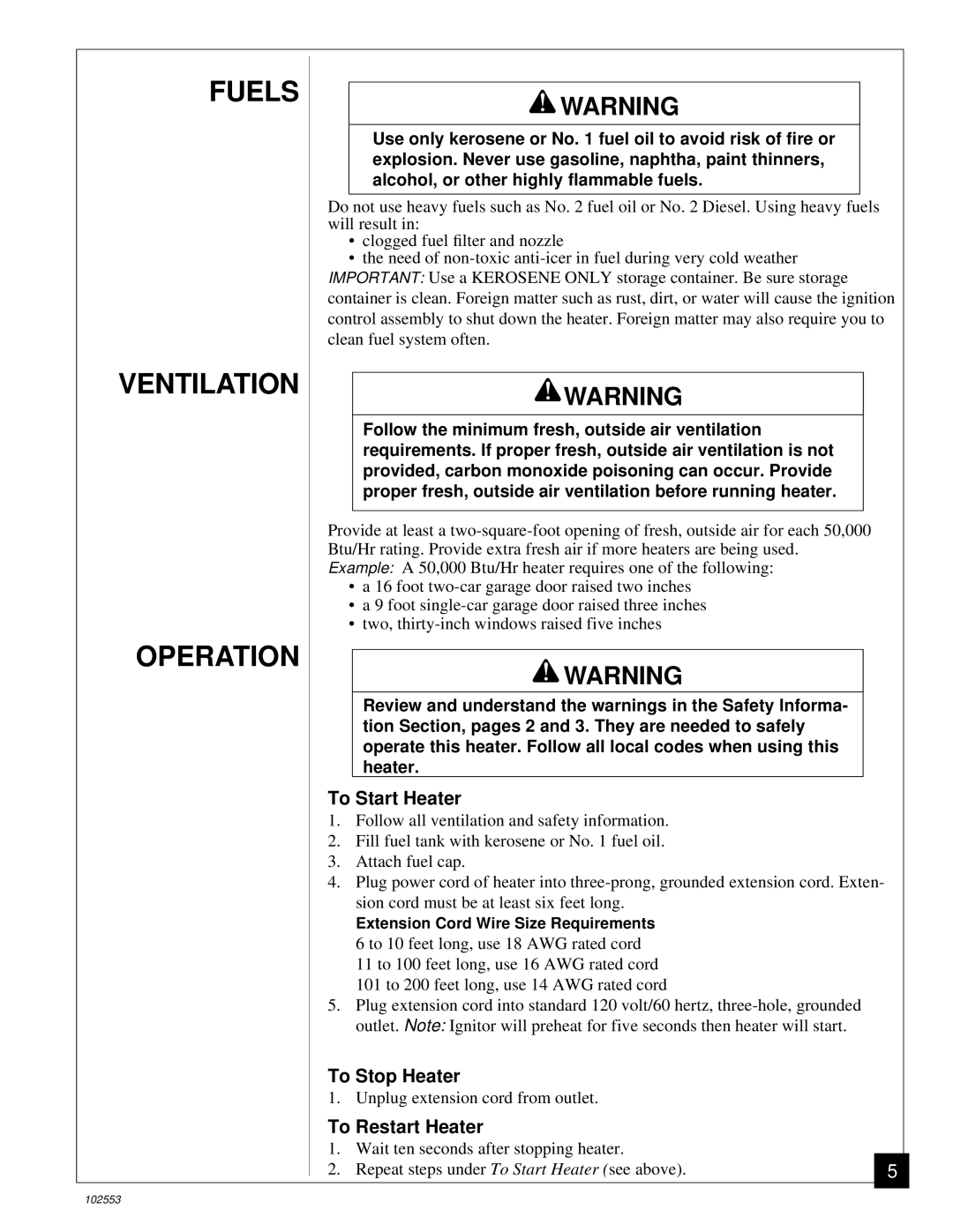 Desa B50H, REM50C owner manual Fuels Ventilation Operation, To Start Heater, To Stop Heater, To Restart Heater 