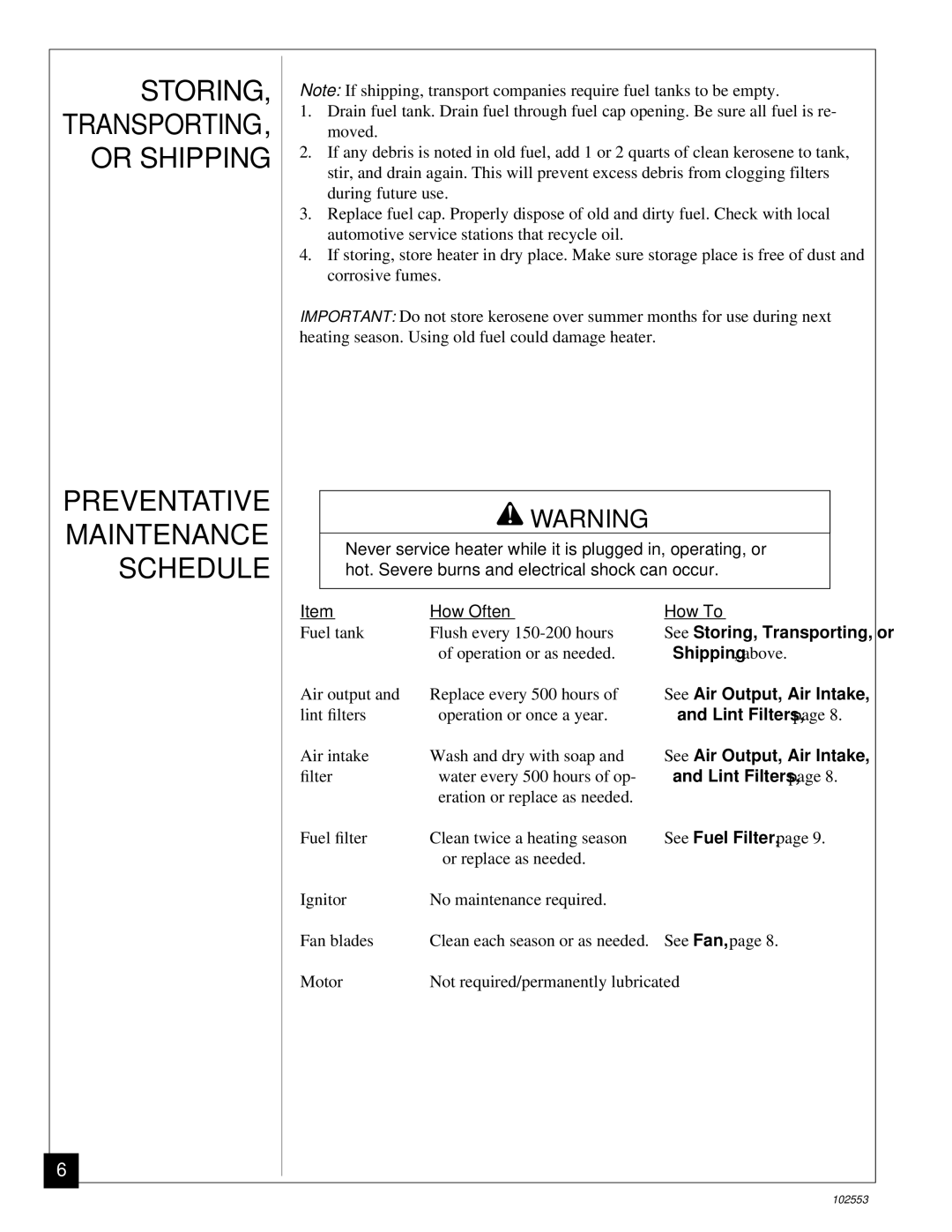 Desa REM50C, B50H owner manual Storing, Preventative Maintenance Schedule, TRANSPORTING, or Shipping 