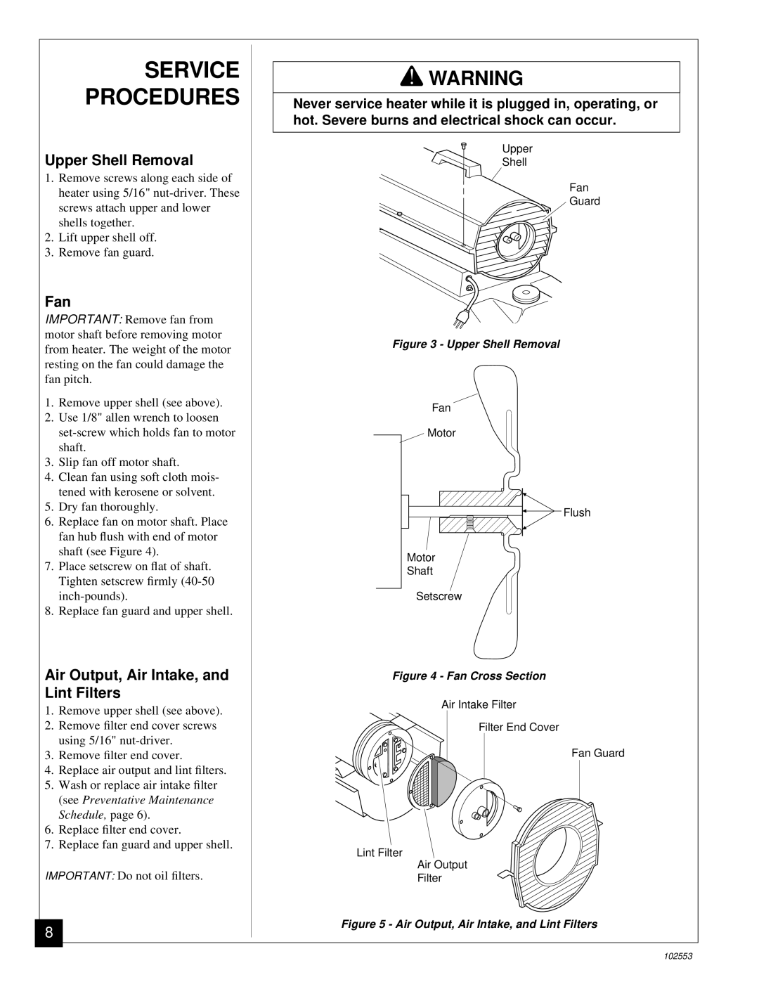 Desa REM50C, B50H owner manual Service Procedures, Upper Shell Removal, Fan, Air Output, Air Intake, and Lint Filters 