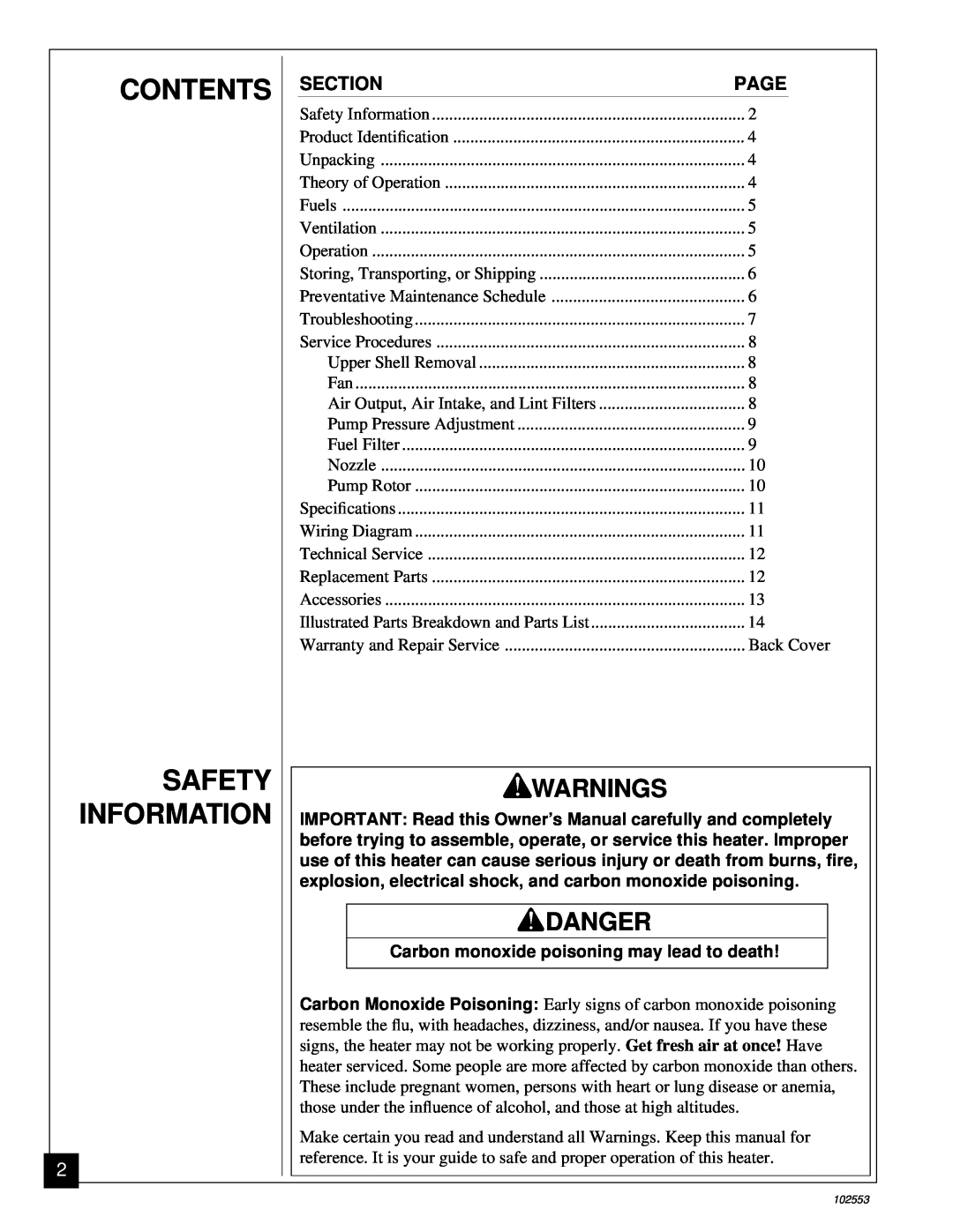 Desa REM50C Contents, Safety Information, Warnings, Danger, Section, Page, Carbon monoxide poisoning may lead to death 