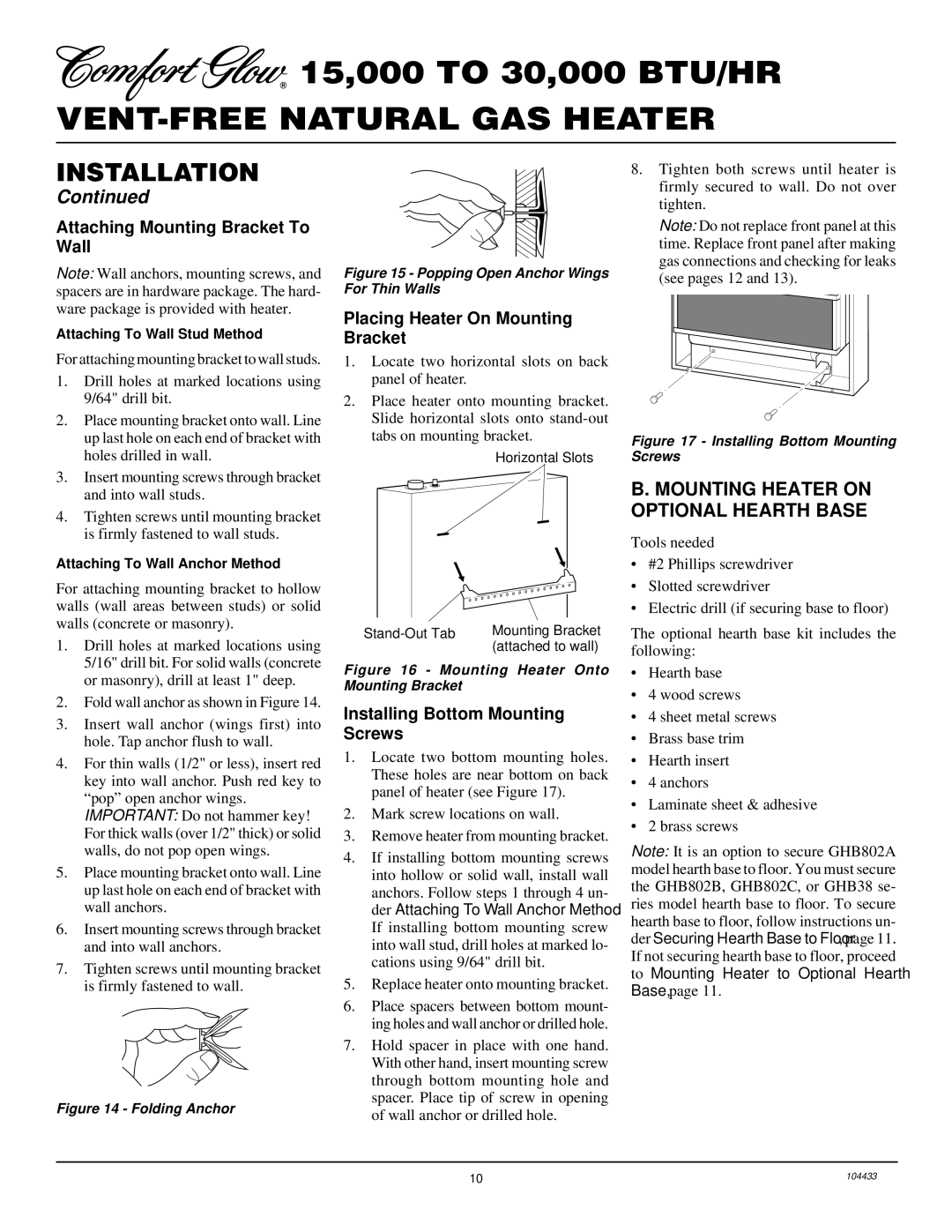 Desa RFN30T Mounting Heater on Optional Hearth Base, Attaching Mounting Bracket To Wall, Installing Bottom Mounting Screws 