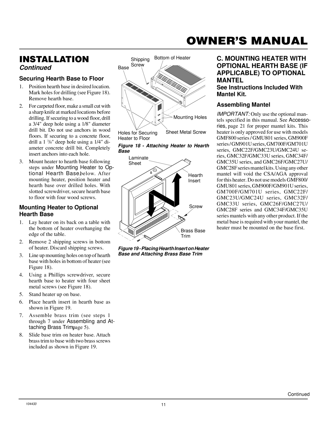 Desa RFN30T installation manual Securing Hearth Base to Floor, Mounting Heater to Optional Hearth Base 