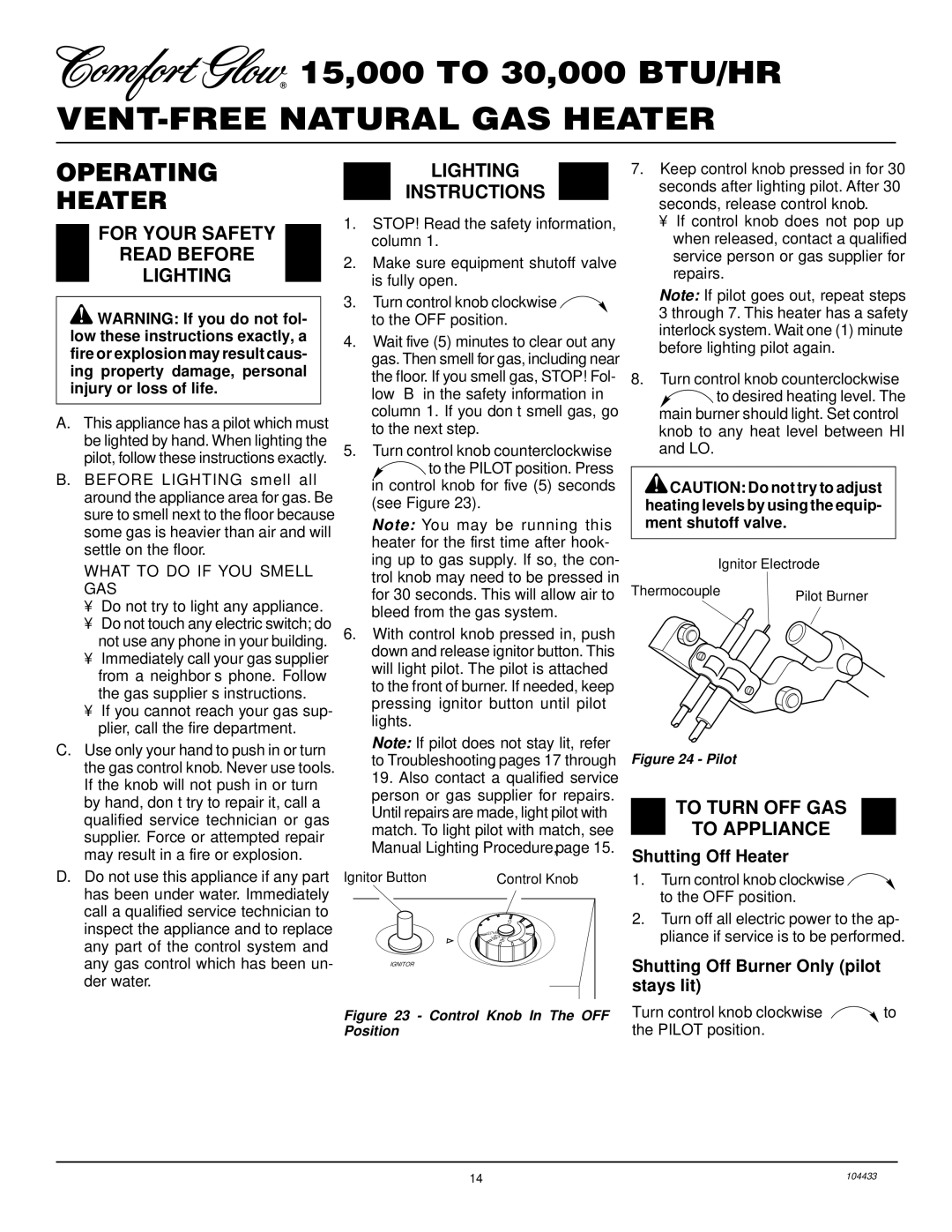 Desa RFN30T Operating Heater, For Your Safety Read Before Lighting, Lighting Instructions, To Turn OFF GAS To Appliance 