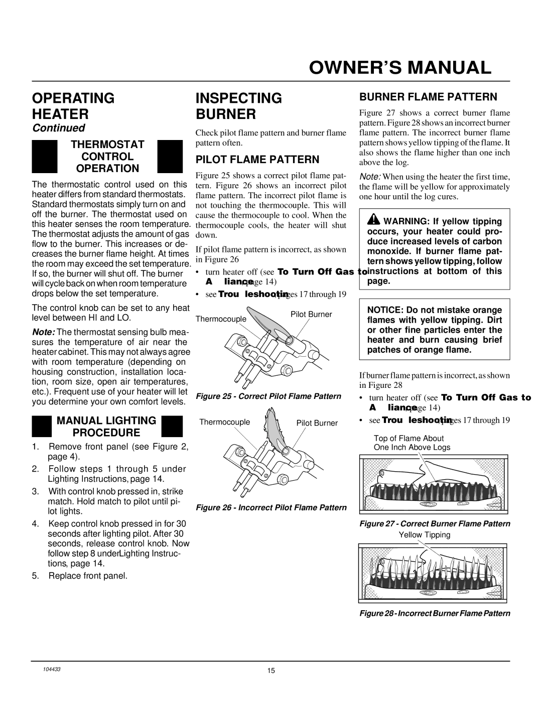 Desa RFN30T installation manual Inspecting Burner, Thermostat Control Operation, Pilot Flame Pattern, Burner Flame Pattern 