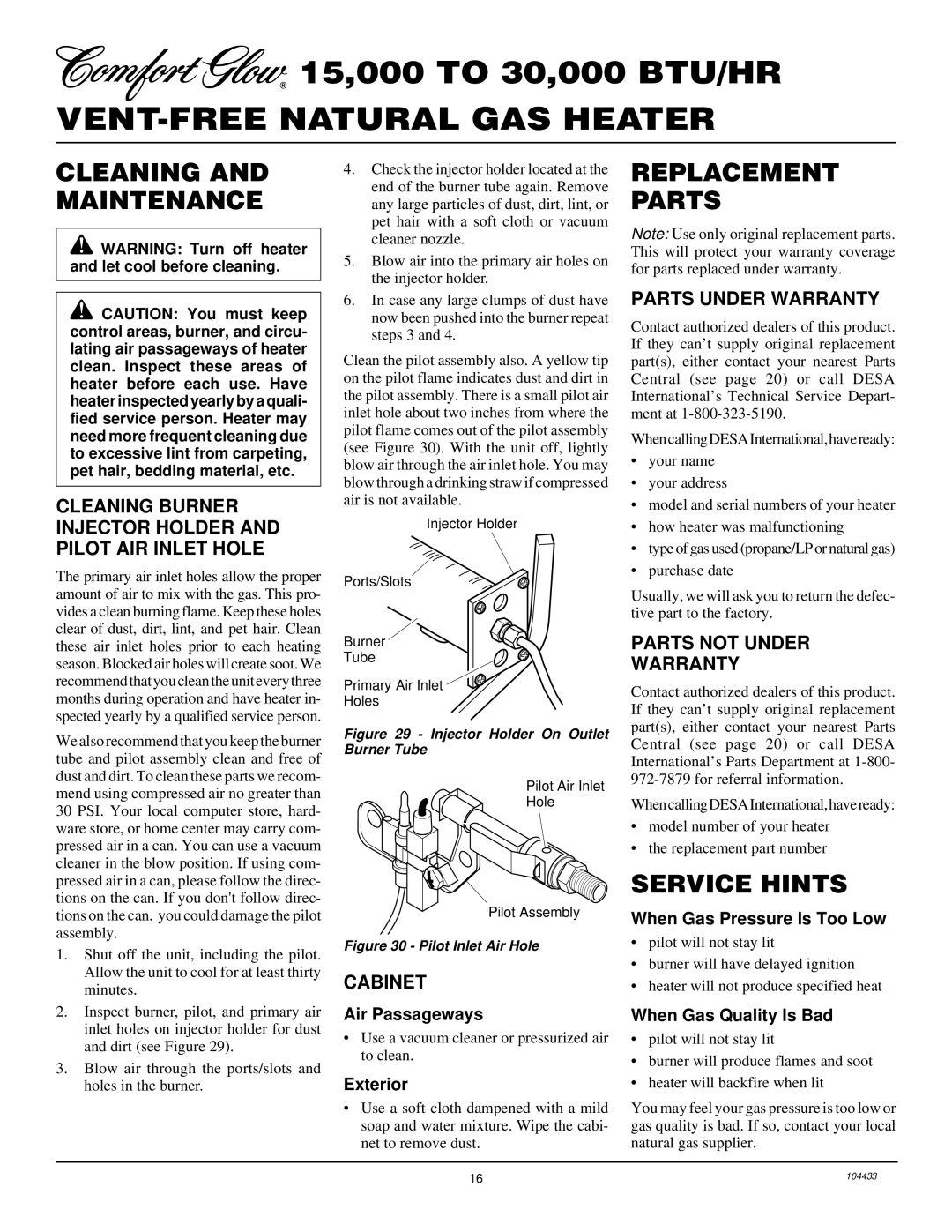 Desa RFN30T installation manual Cleaning and Maintenance, Replacement Parts, Service Hints 