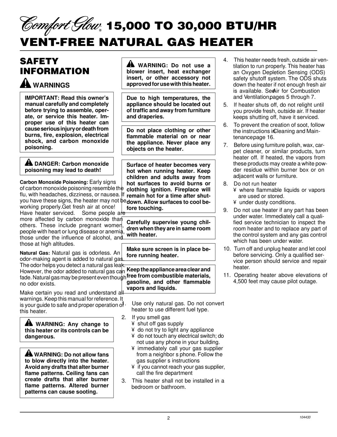 Desa RFN30T installation manual 15,000 to 30,000 BTU/HR VENT-FREE Natural GAS Heater, Safety Information 