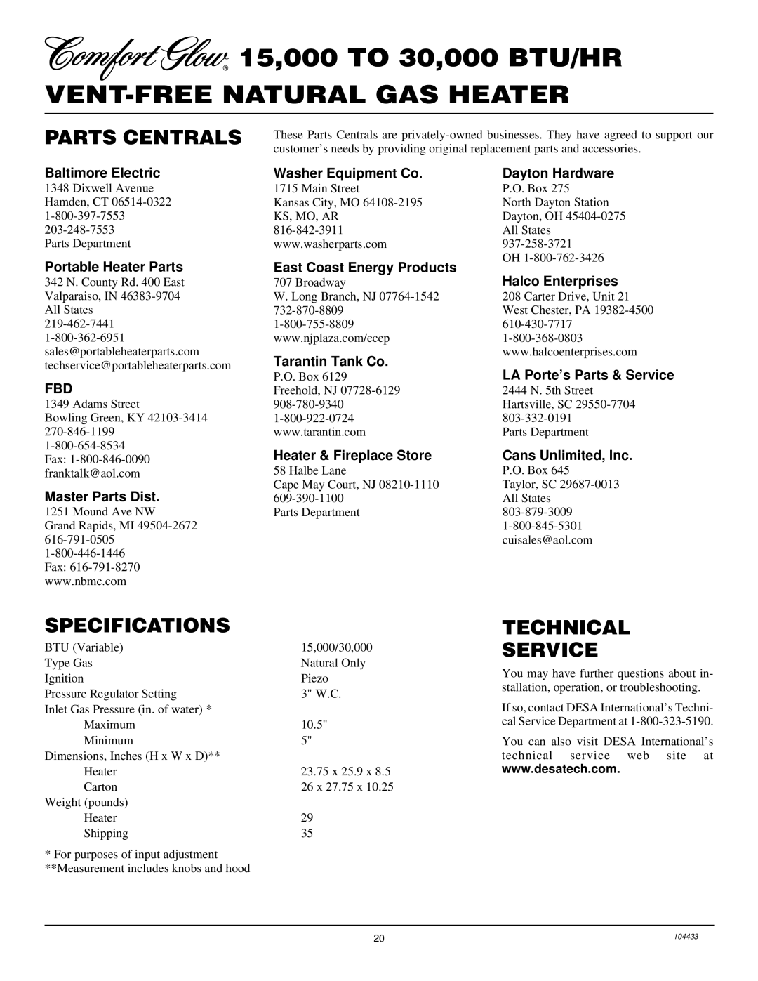 Desa RFN30T installation manual Parts Centrals, Specifications, Technical Service 