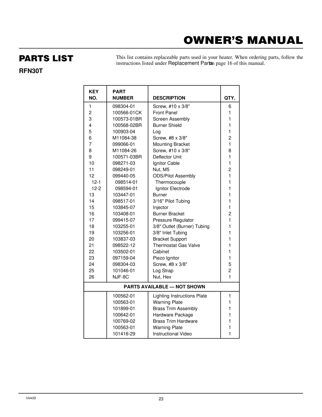 Desa RFN30T installation manual Parts List, KEY Part Number Description QTY 