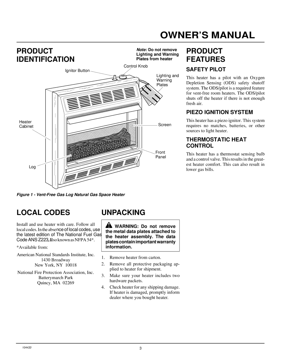 Desa RFN30T Product Identification, Product Features, Local Codes Unpacking, Safety Pilot, Piezo Ignition System 