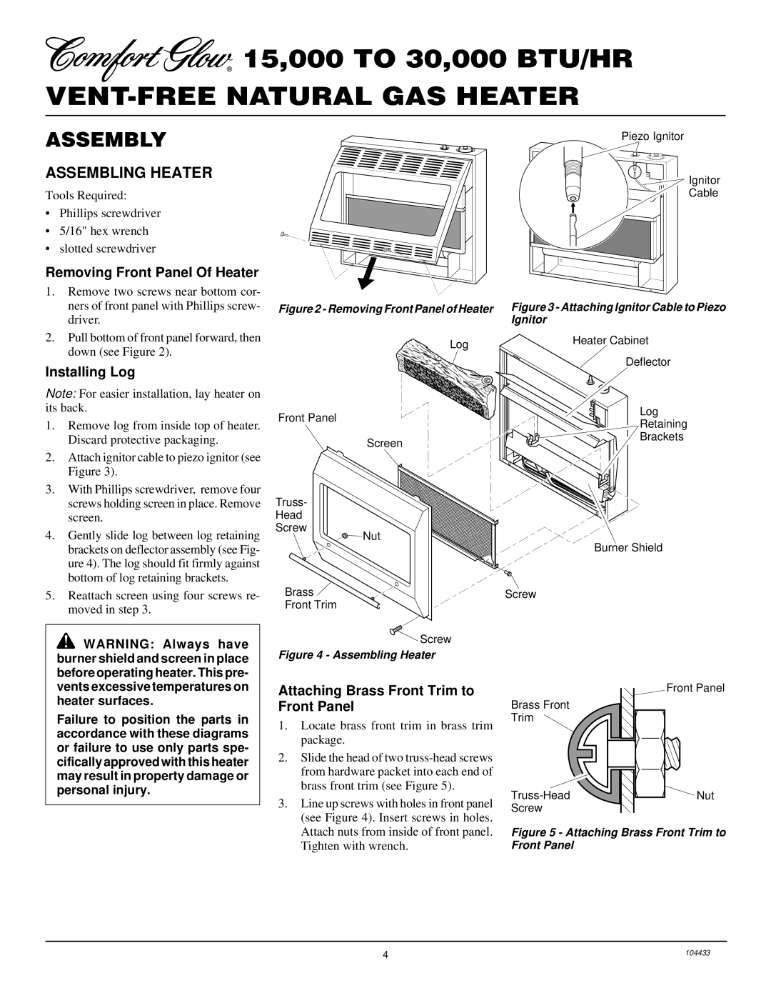 Desa RFN30T installation manual Assembly, Assembling Heater, Removing Front Panel Of Heater, Installing Log 