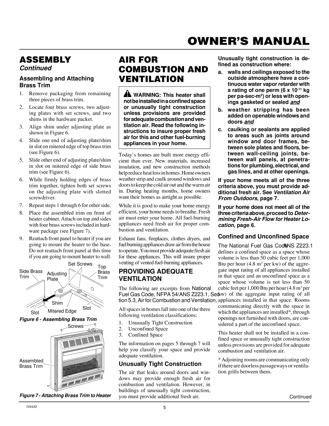 Desa RFN30T AIR for Combustion and Ventilation, Providing Adequate Ventilation, Assembling and Attaching Brass Trim 