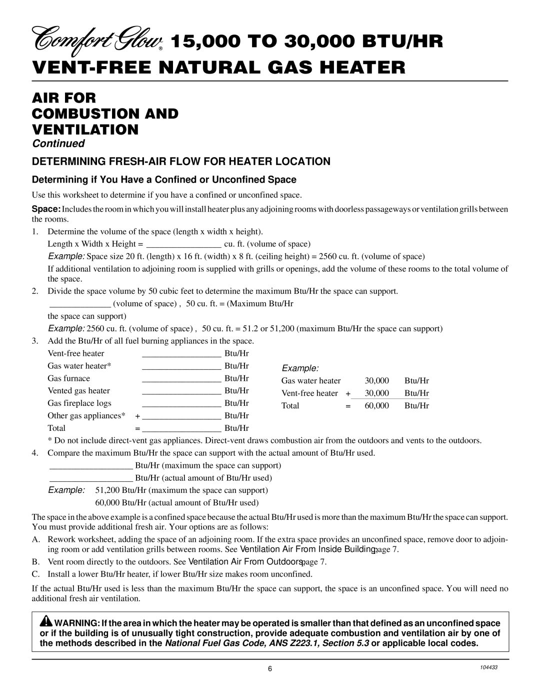 Desa RFN30T installation manual AIR for Combustion Ventilation, Determining FRESH-AIR Flow for Heater Location 