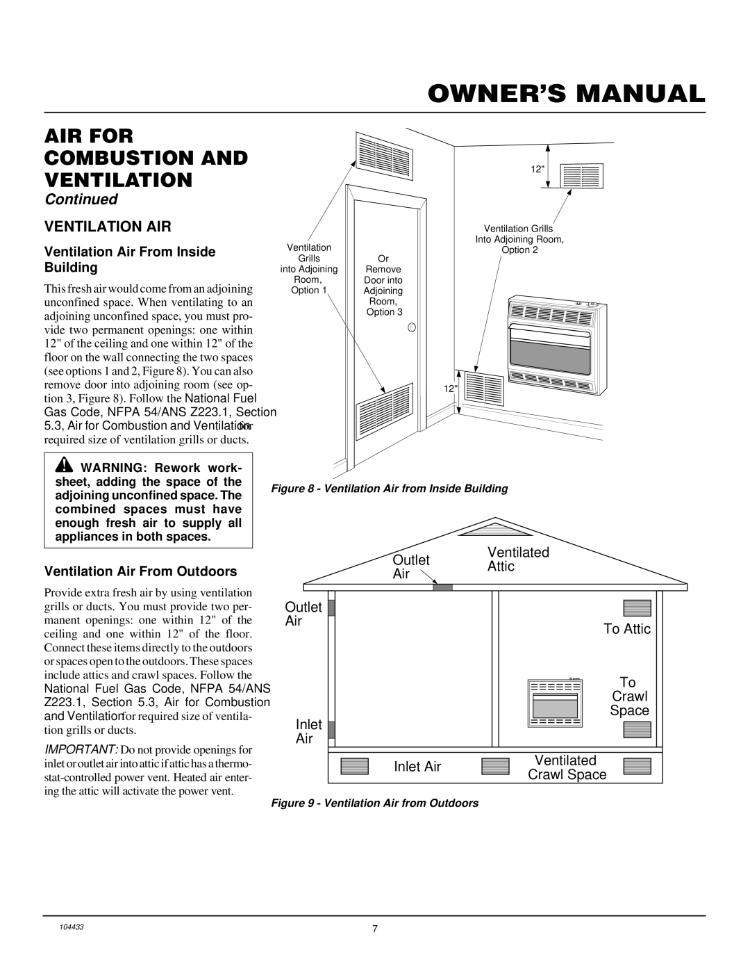 Desa RFN30T installation manual Ventilation AIR, Ventilation Air From Inside Building, Ventilation Air From Outdoors 