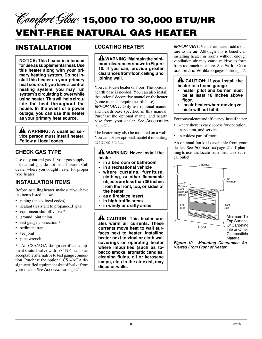 Desa RFN30T installation manual Check GAS Type, Locating Heater, Installation Items 