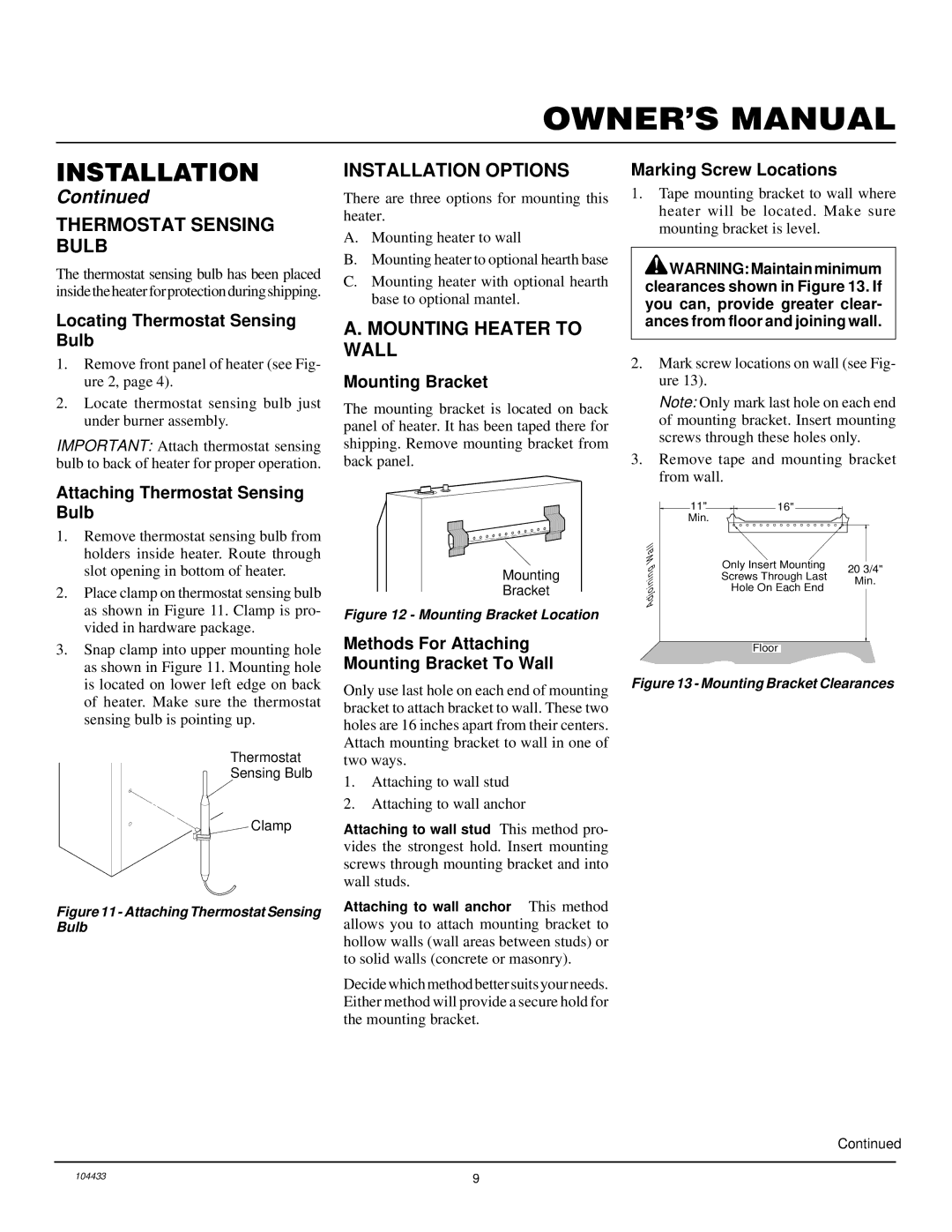 Desa RFN30T installation manual Thermostat Sensing Bulb, Installation Options, Mounting Heater to Wall 