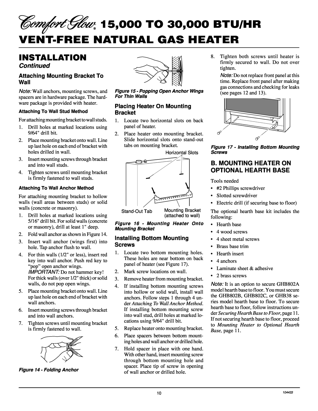 Desa RFN30T B. Mounting Heater On Optional Hearth Base, Attaching Mounting Bracket To Wall, Installation, Continued 