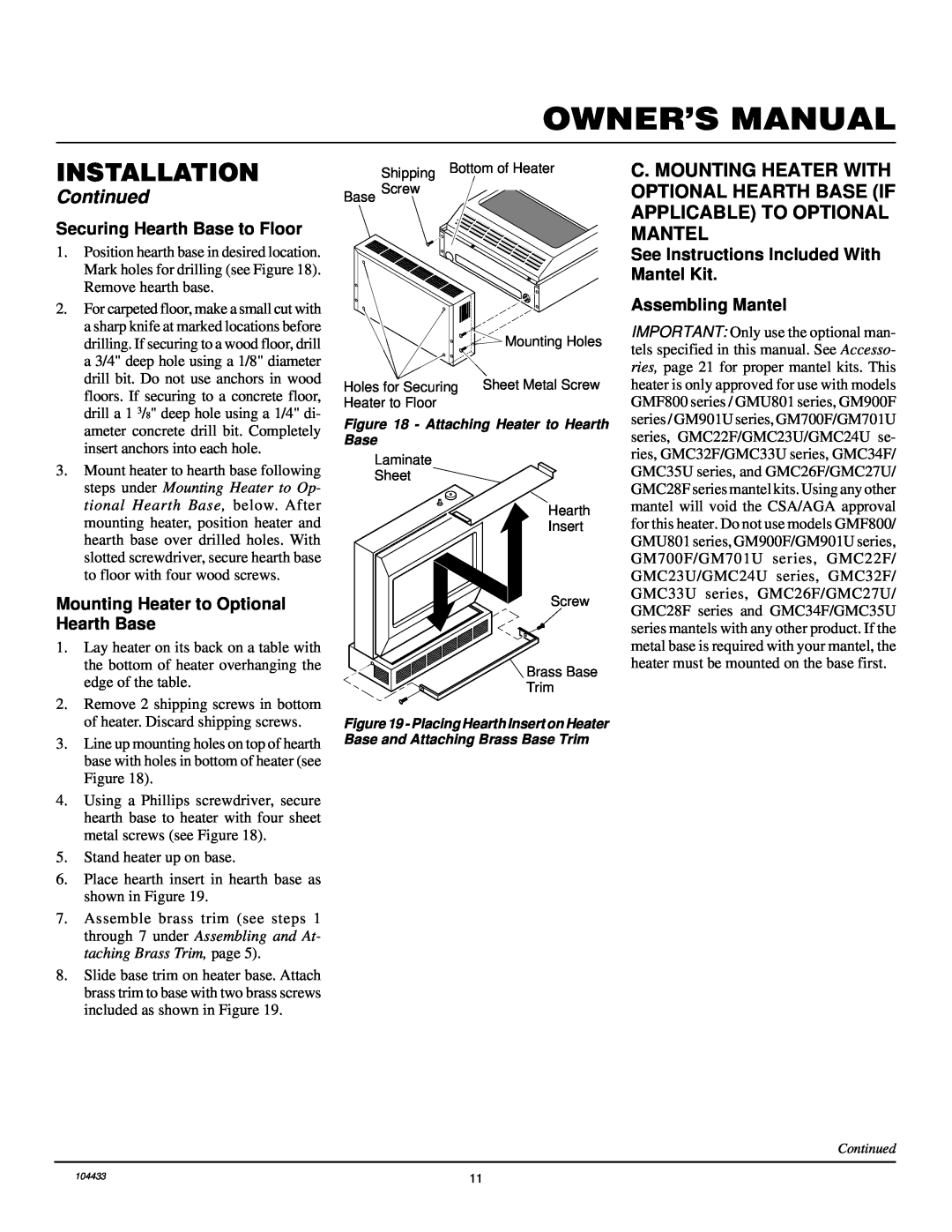 Desa RFN30T Securing Hearth Base to Floor, Mounting Heater to Optional Hearth Base, Assembling Mantel, Installation 