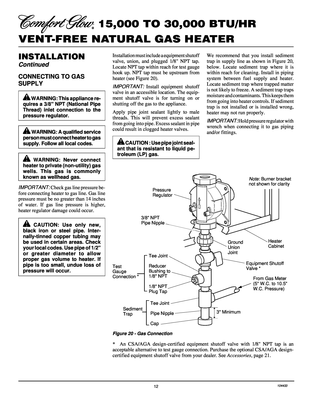 Desa RFN30T installation manual Connecting To Gas Supply, Installation, Continued, Gas Connection 
