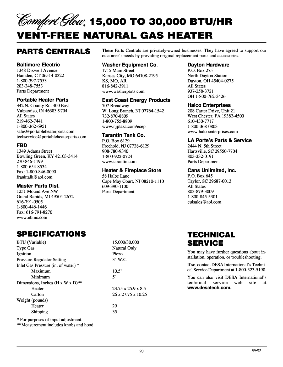 Desa RFN30T Parts Centrals, Specifications, Technical Service, Baltimore Electric, Portable Heater Parts, Dayton Hardware 