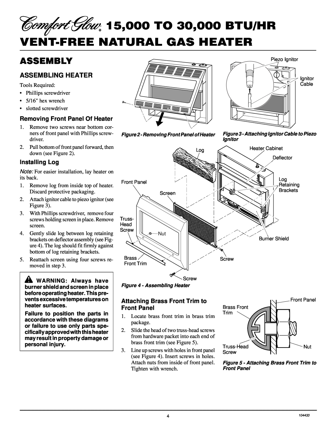 Desa RFN30T installation manual Assembly, Assembling Heater, Removing Front Panel Of Heater, Installing Log 