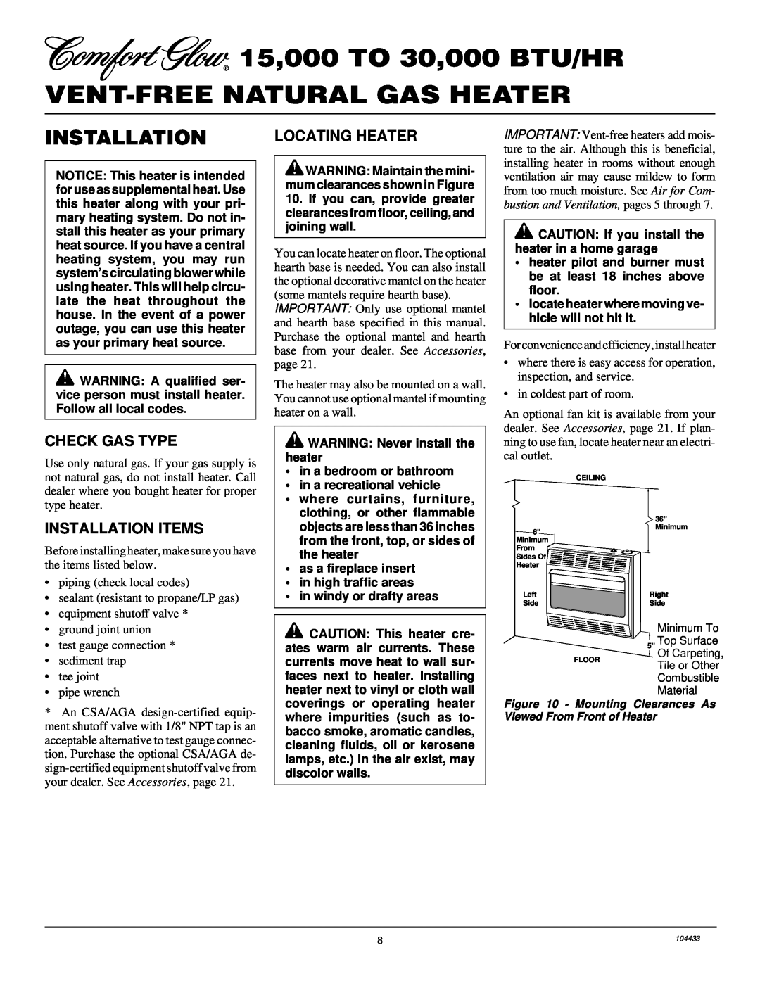 Desa RFN30T installation manual Check Gas Type, Locating Heater, Installation Items 
