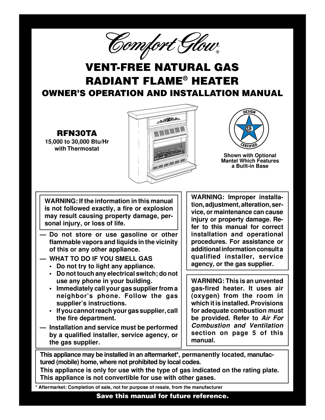 Desa RFN30TA installation manual OWNER’S Operation and Installation Manual, What to do if YOU Smell GAS 