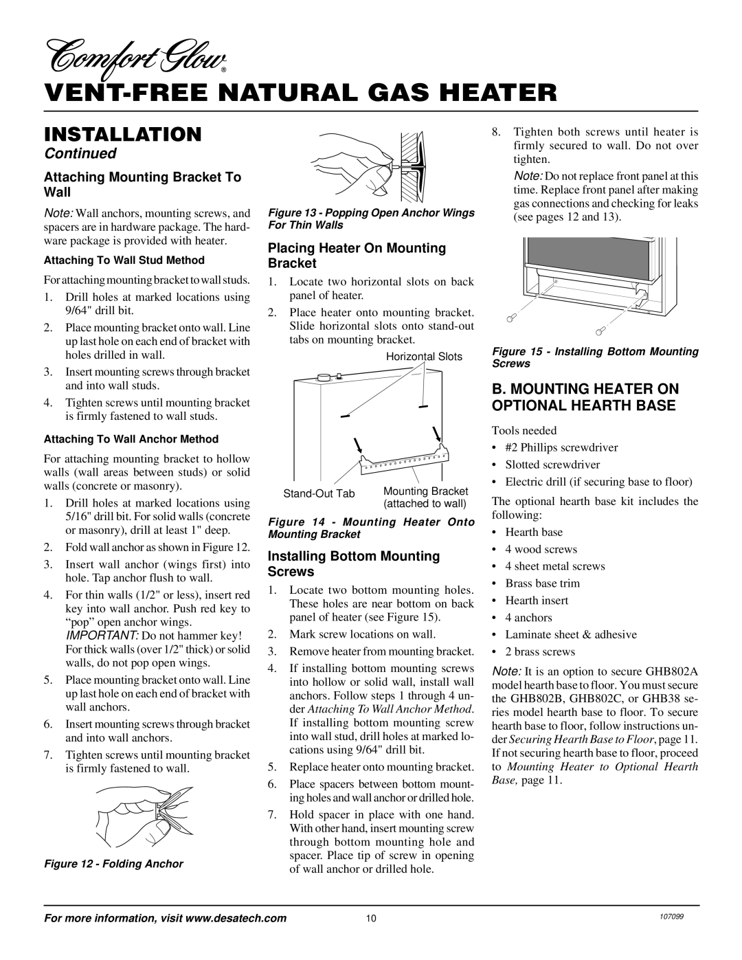 Desa RFN30TA installation manual Mounting Heater on Optional Hearth Base, Attaching Mounting Bracket To Wall 