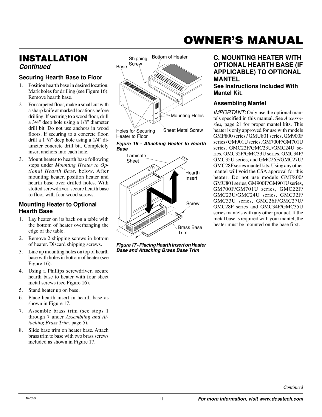 Desa RFN30TA installation manual Securing Hearth Base to Floor, Mounting Heater to Optional Hearth Base 