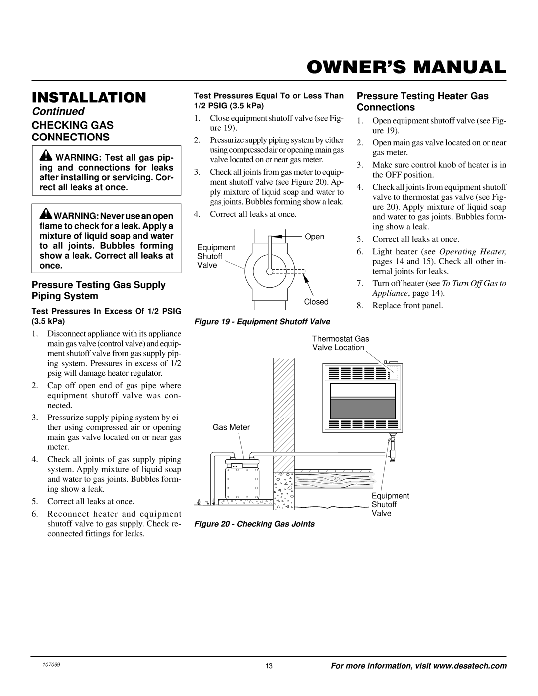 Desa RFN30TA Checking GAS Connections, Pressure Testing Gas Supply Piping System, Pressure Testing Heater Gas Connections 