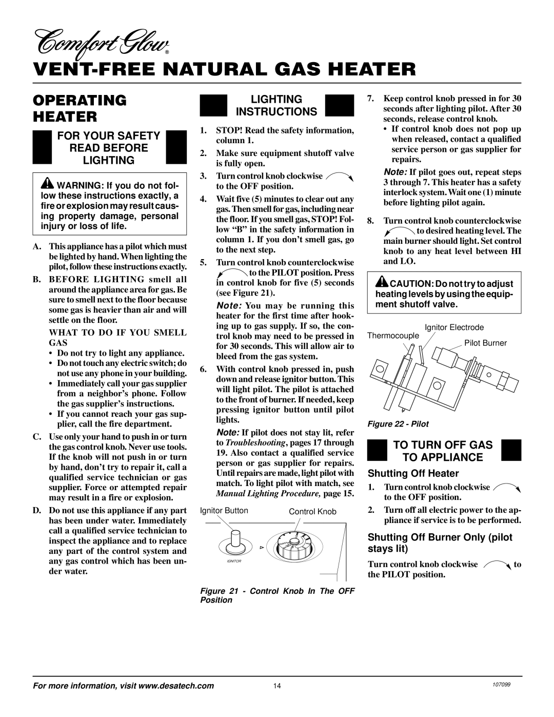 Desa RFN30TA Operating Heater, For Your Safety Read Before Lighting, Lighting Instructions, To Turn OFF GAS To Appliance 