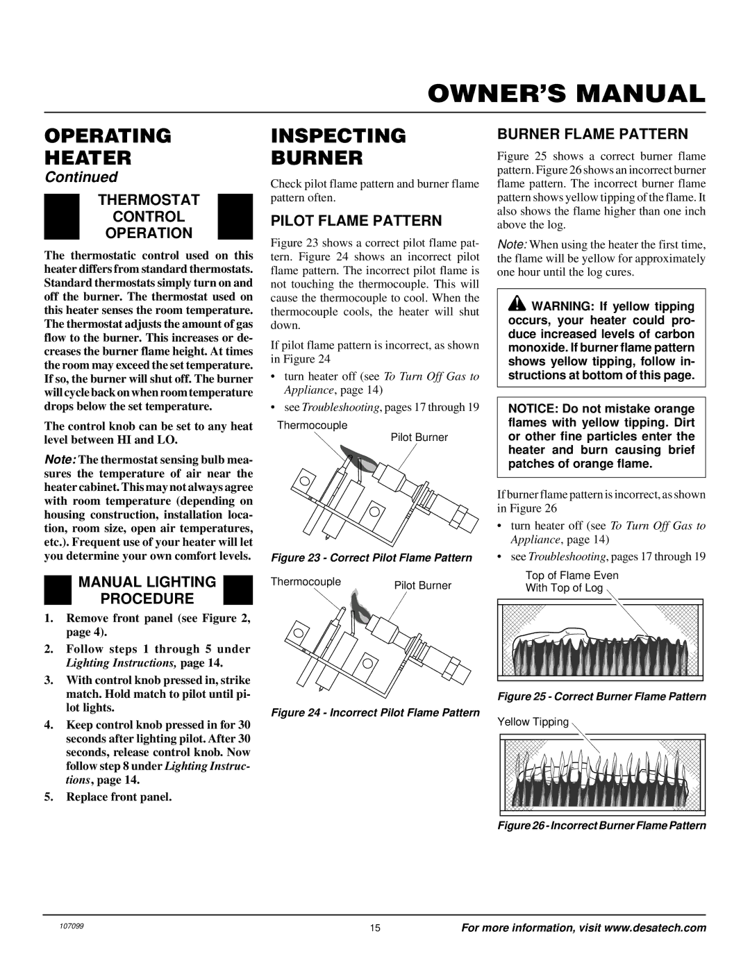 Desa RFN30TA Inspecting Burner, Thermostat Control Operation, Manual Lighting Procedure, Pilot Flame Pattern 