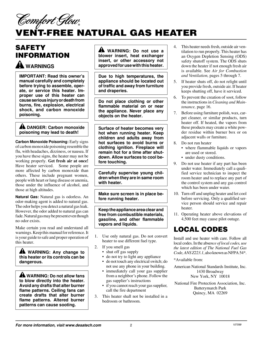 Desa RFN30TA installation manual Safety Information, Local Codes 