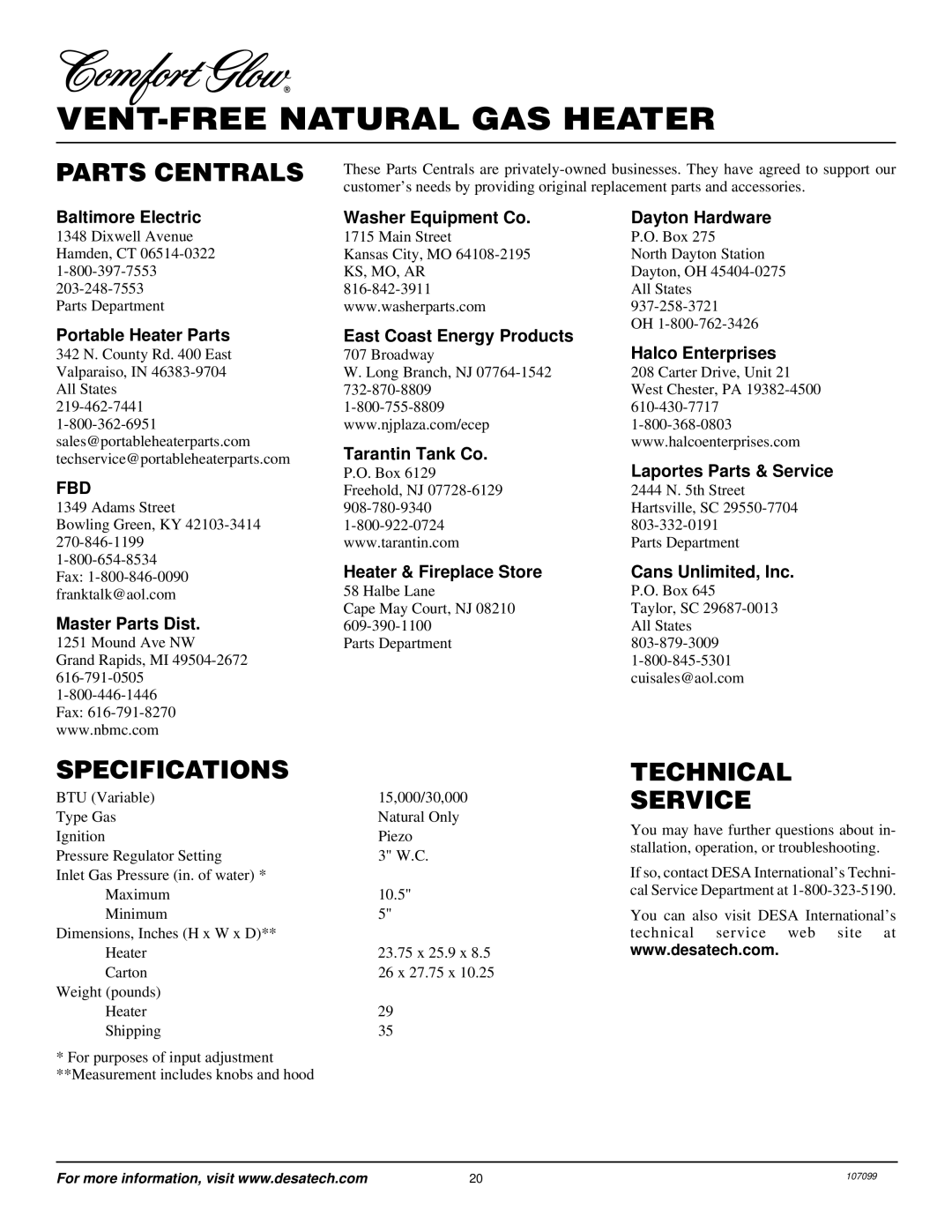 Desa RFN30TA installation manual Parts Centrals, Specifications, Technical Service 