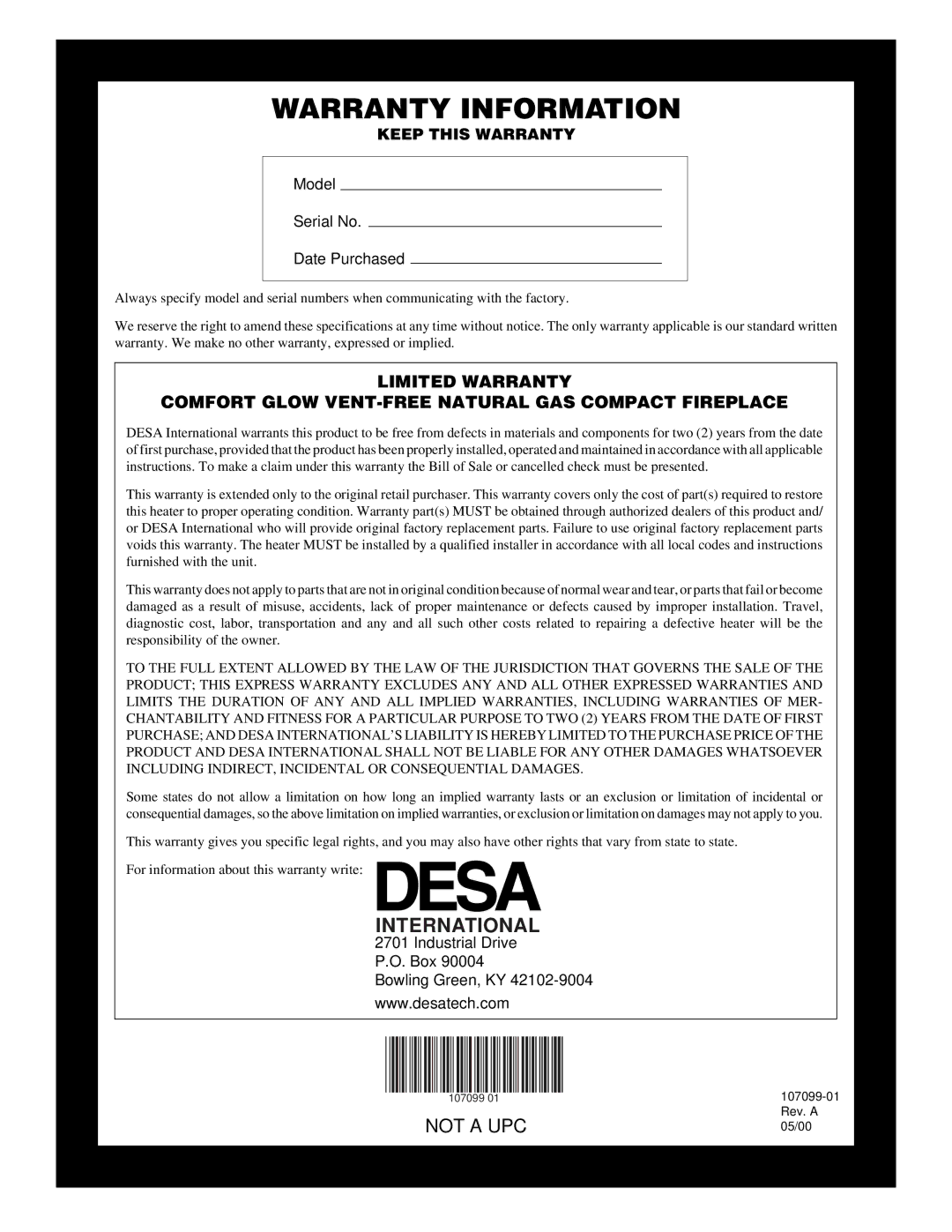 Desa RFN30TA installation manual Warranty Information 