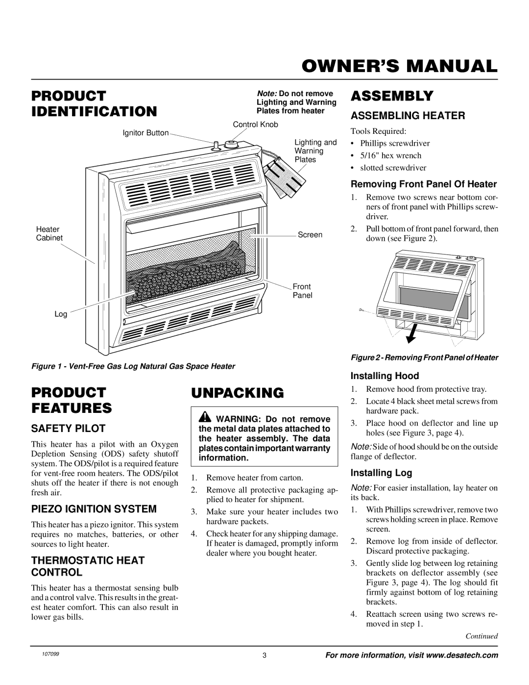 Desa RFN30TA installation manual Product Identification, Assembly, Product Features, Unpacking 