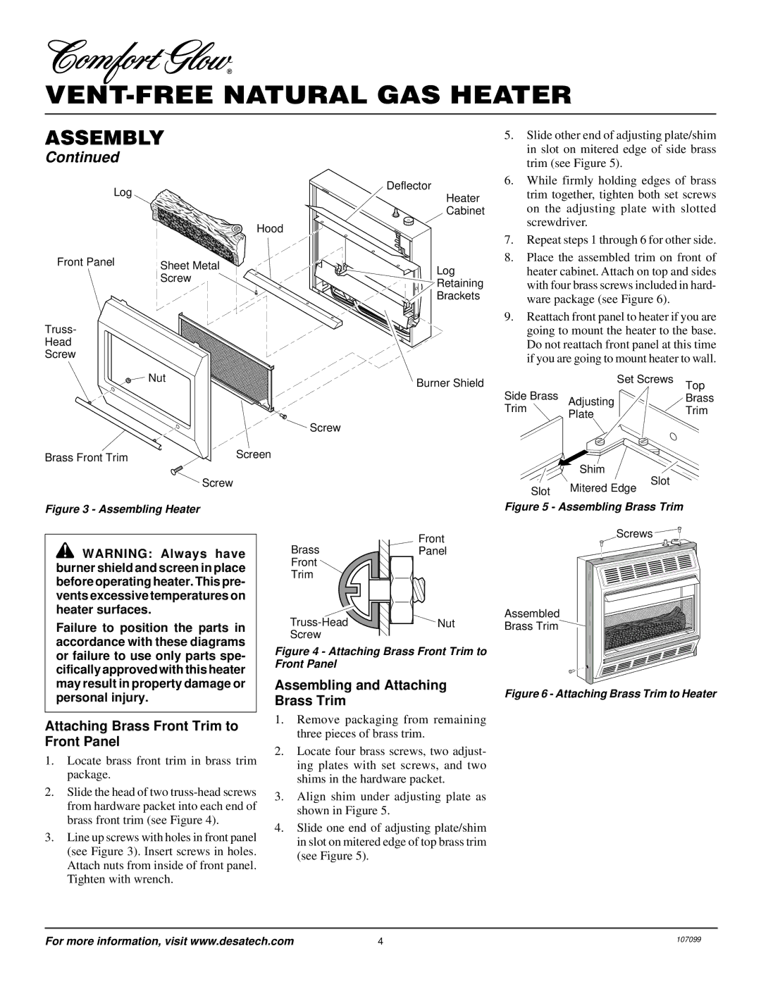 Desa RFN30TA installation manual Attaching Brass Front Trim to Front Panel, Assembling and Attaching Brass Trim 