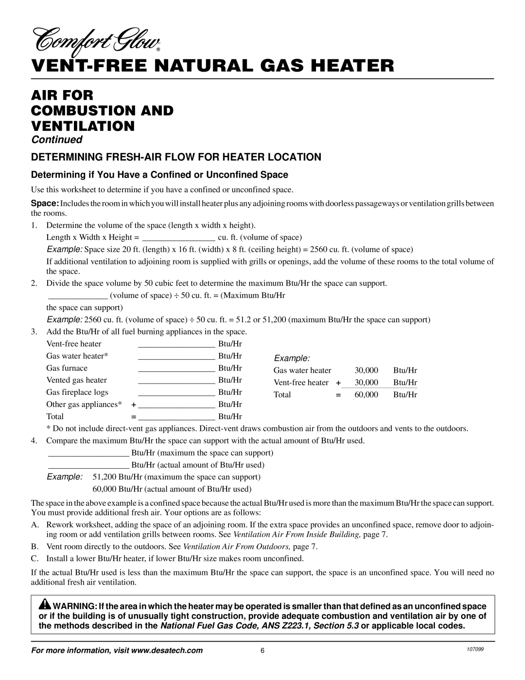 Desa RFN30TA installation manual AIR for Combustion Ventilation, Determining FRESH-AIR Flow for Heater Location 