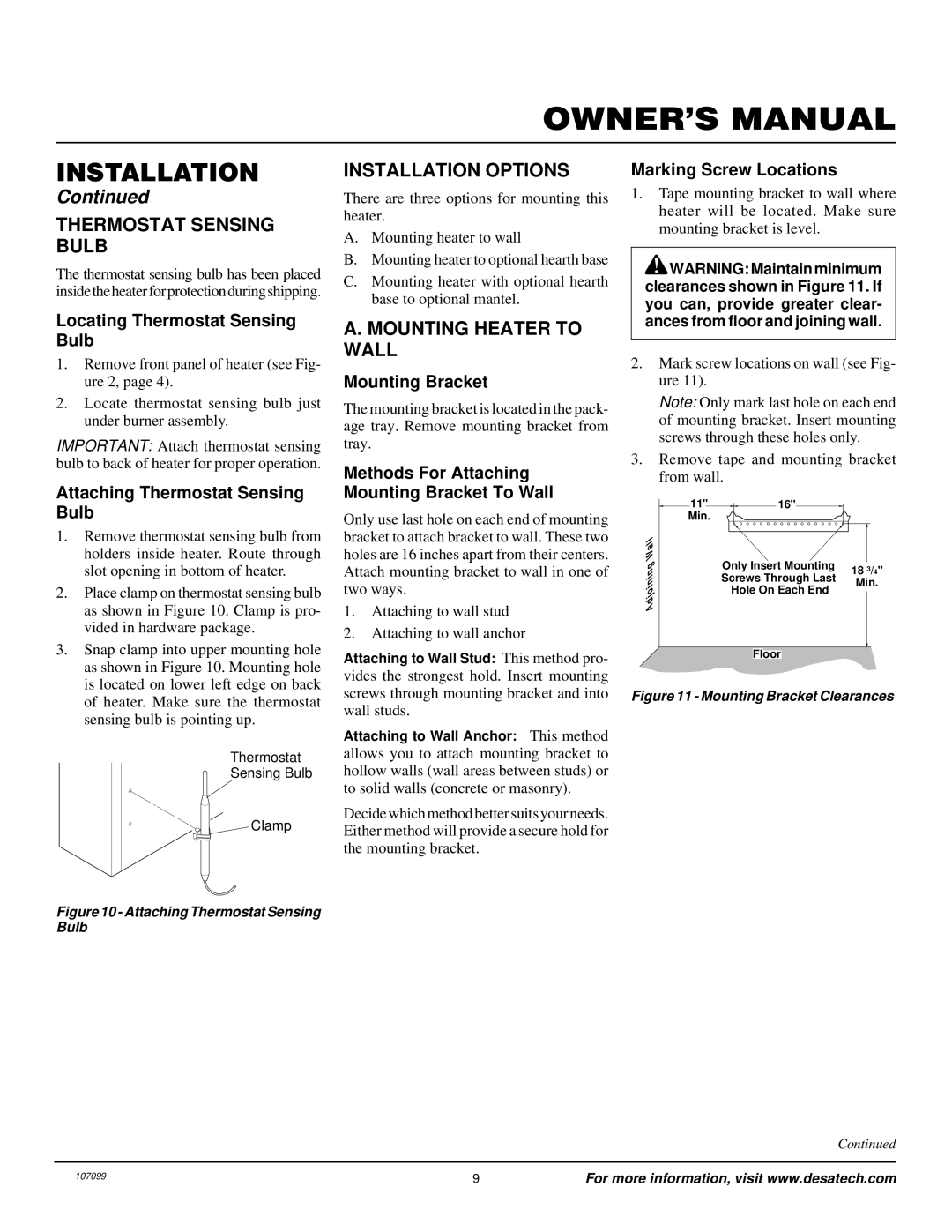 Desa RFN30TA installation manual Thermostat Sensing Bulb, Installation Options, Mounting Heater to Wall 