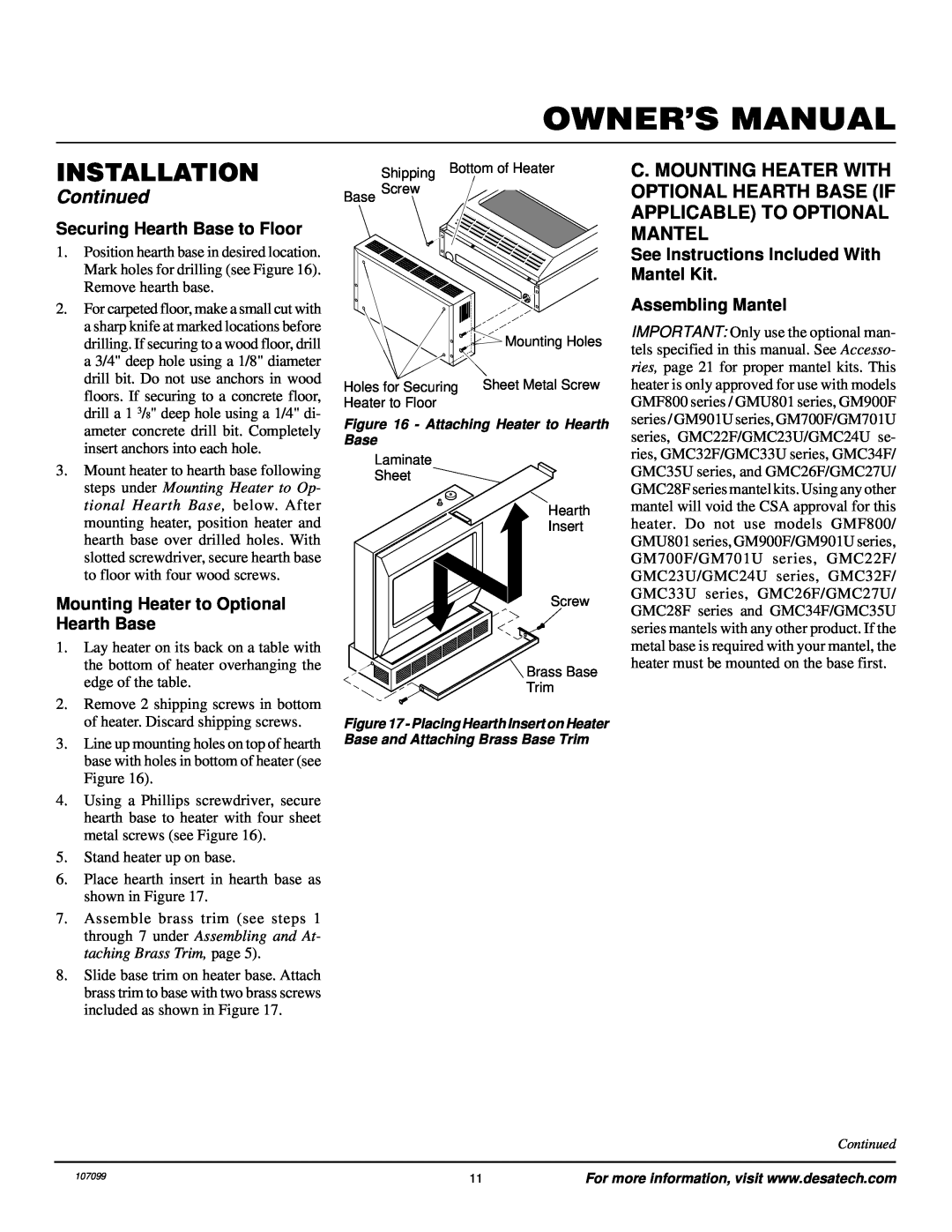 Desa RFN30TA Securing Hearth Base to Floor, Mounting Heater to Optional Hearth Base, Assembling Mantel, Installation 