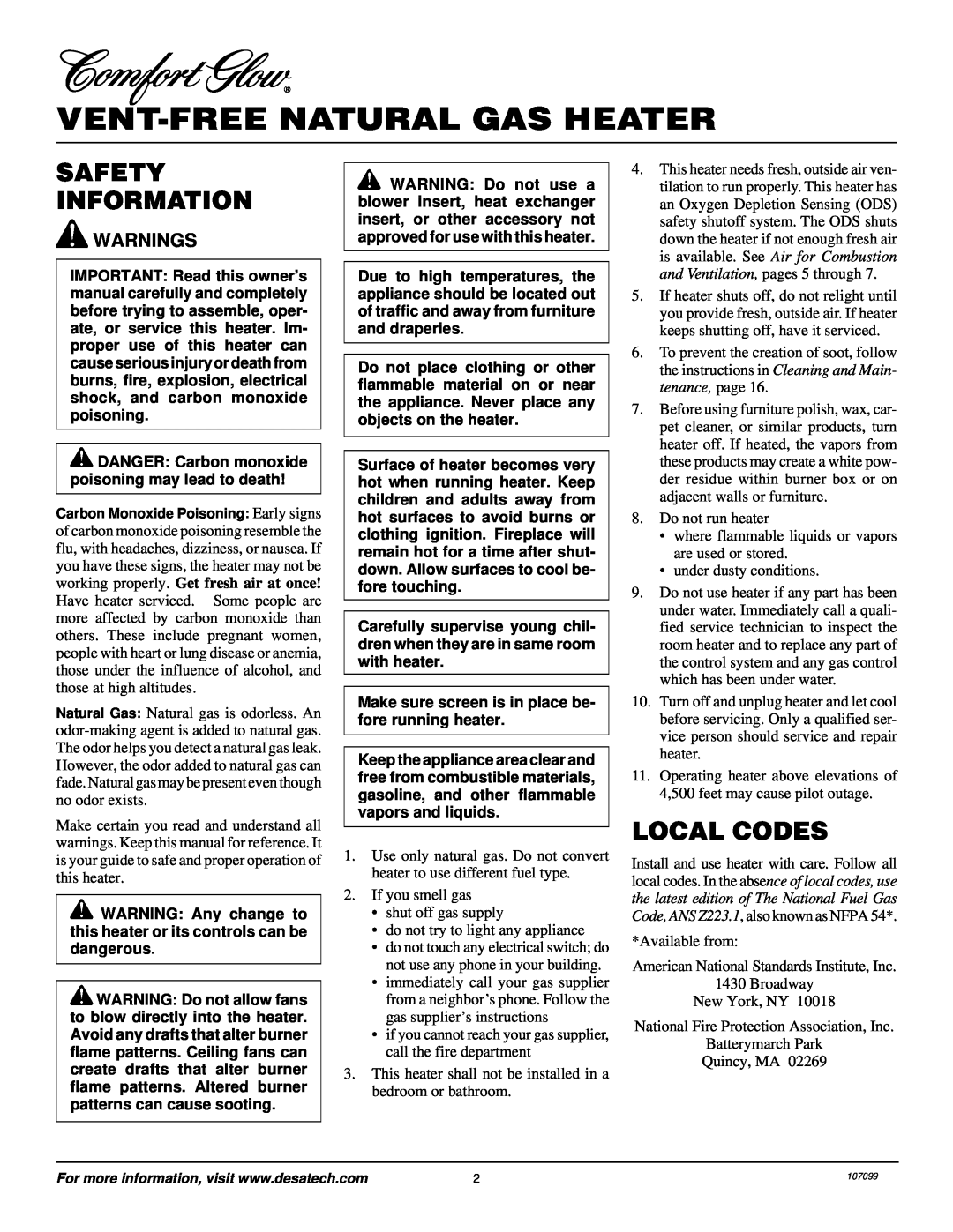 Desa RFN30TA installation manual Vent-Freenatural Gas Heater, Safety Information, Local Codes, Warnings 
