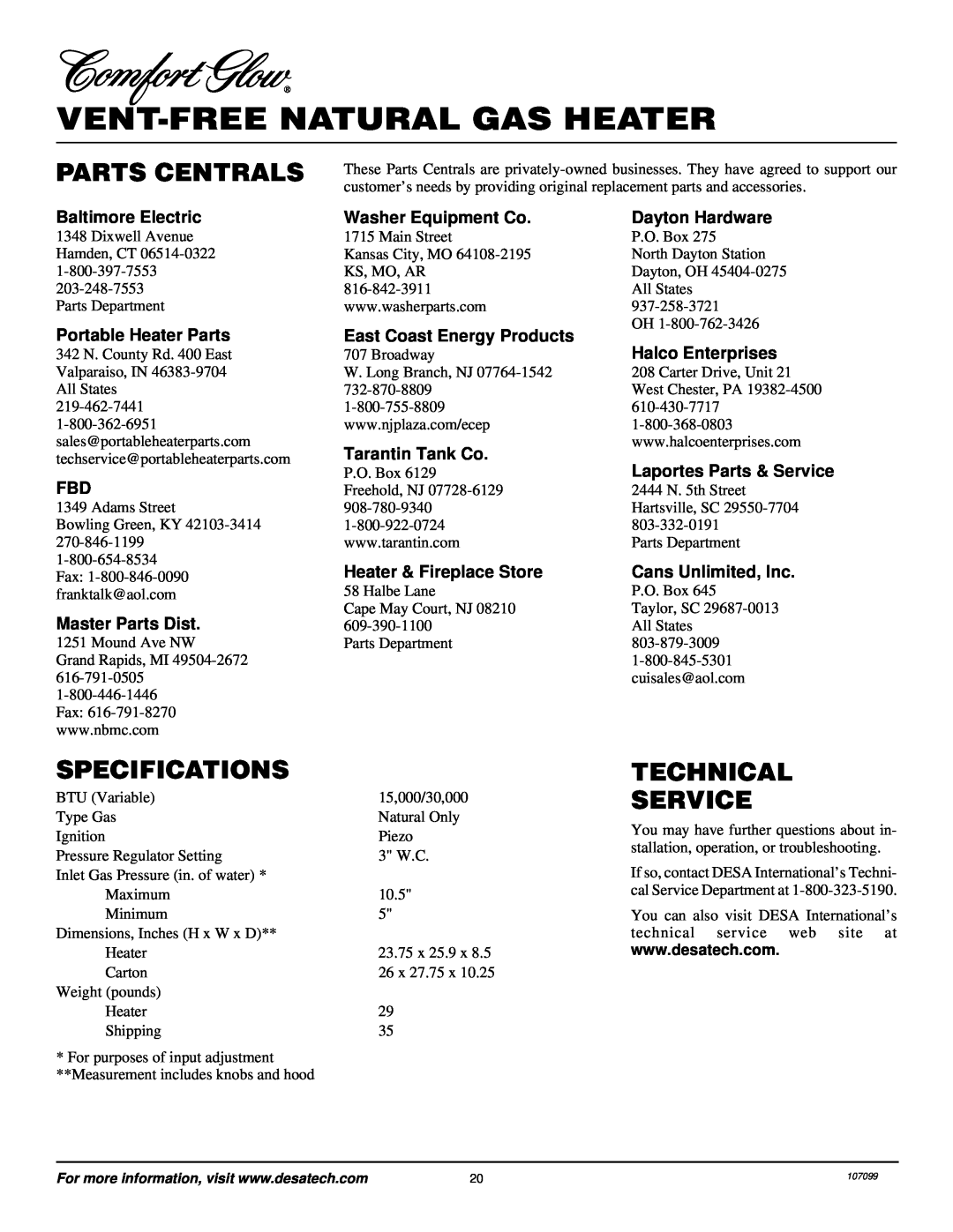 Desa RFN30TA Parts Centrals, Specifications, Technical Service, Baltimore Electric, Portable Heater Parts, Dayton Hardware 