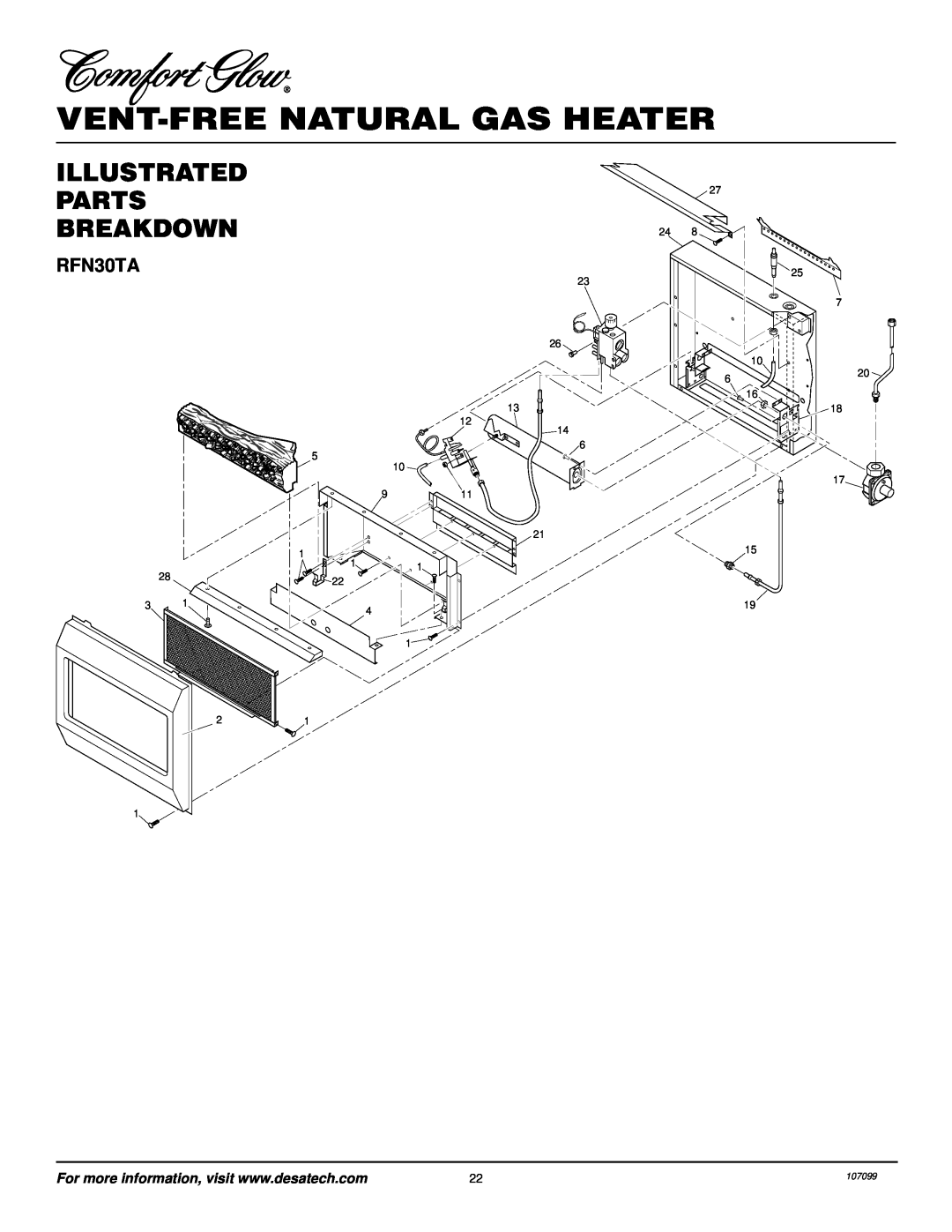 Desa RFN30TA installation manual Illustrated Parts Breakdown, Vent-Freenatural Gas Heater, 5 10 9, 107099 