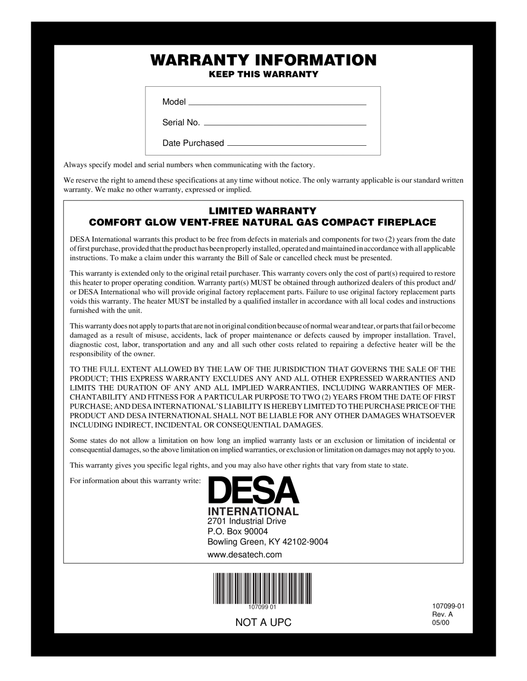 Desa RFN30TA Limited Warranty, Warranty Information, International, Not A Upc, Model Serial No Date Purchased 